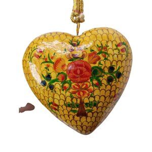Hand-Painted Floral Yellow Heart Ornament With Golden Hanging Cord